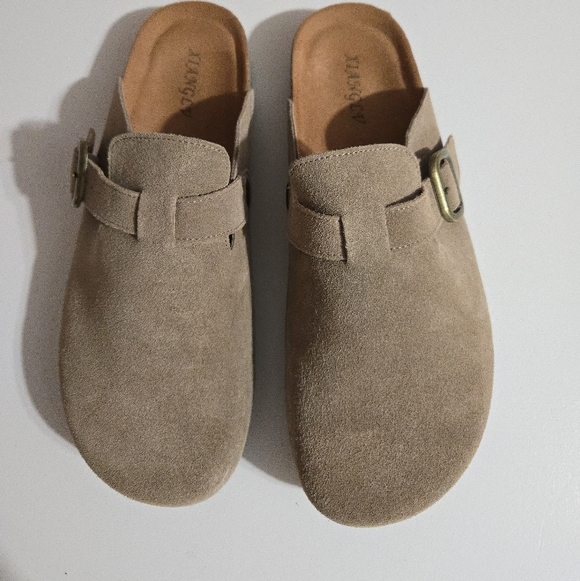 Shoes - Tan Suede Slip-On Clogs